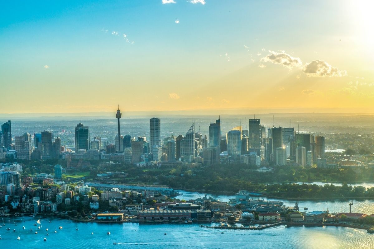 Sydney skyline and harbour at sunset