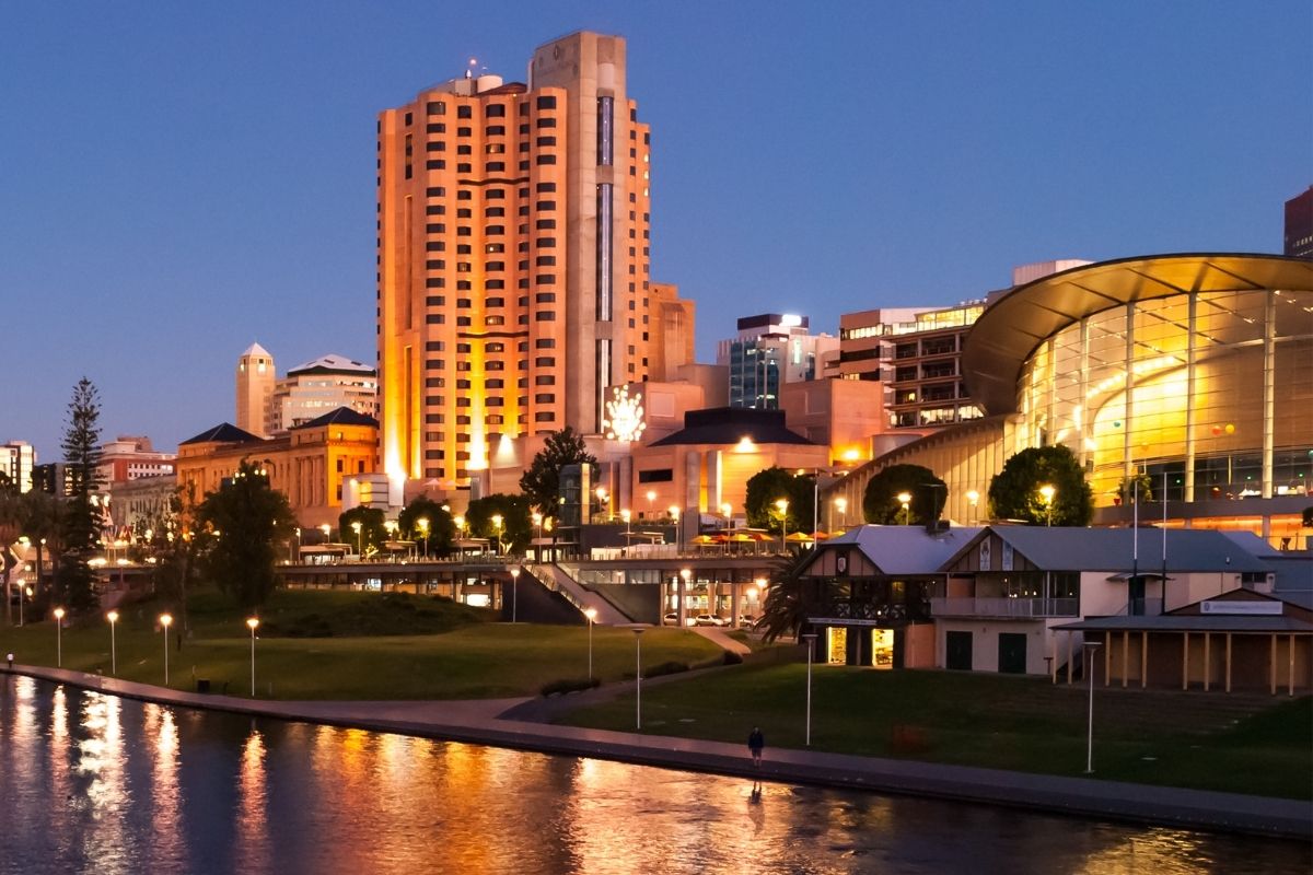 Adelaide city skyline with the River Torrens at dusk