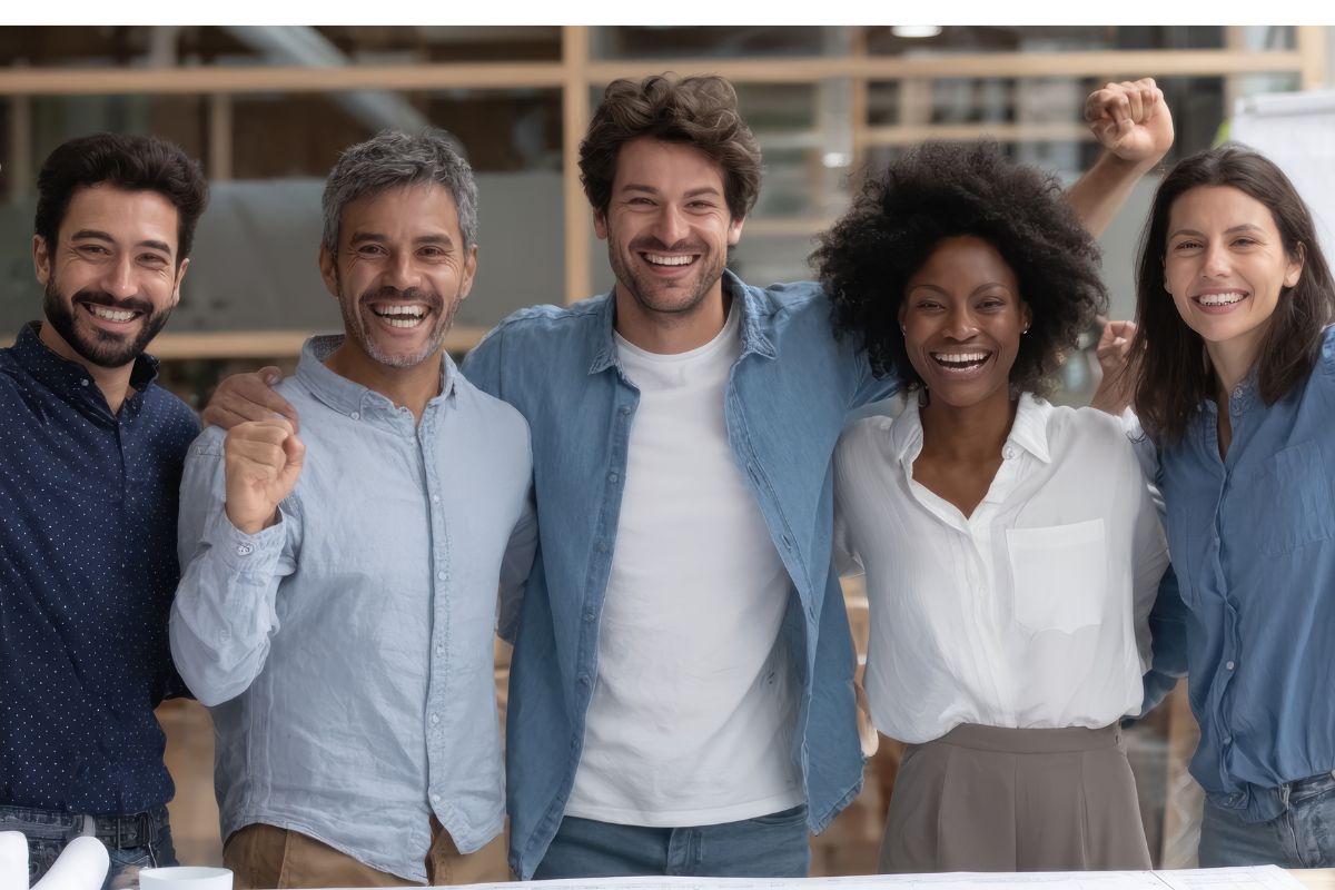 Five colleagues standing together, smiling with raised fists in a celebratory pose