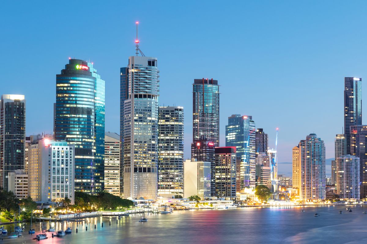 Brisbane city skyline at dusk reflected on the Brisbane River