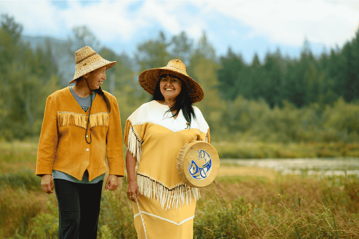 First Nations couple walking outdoors in hats